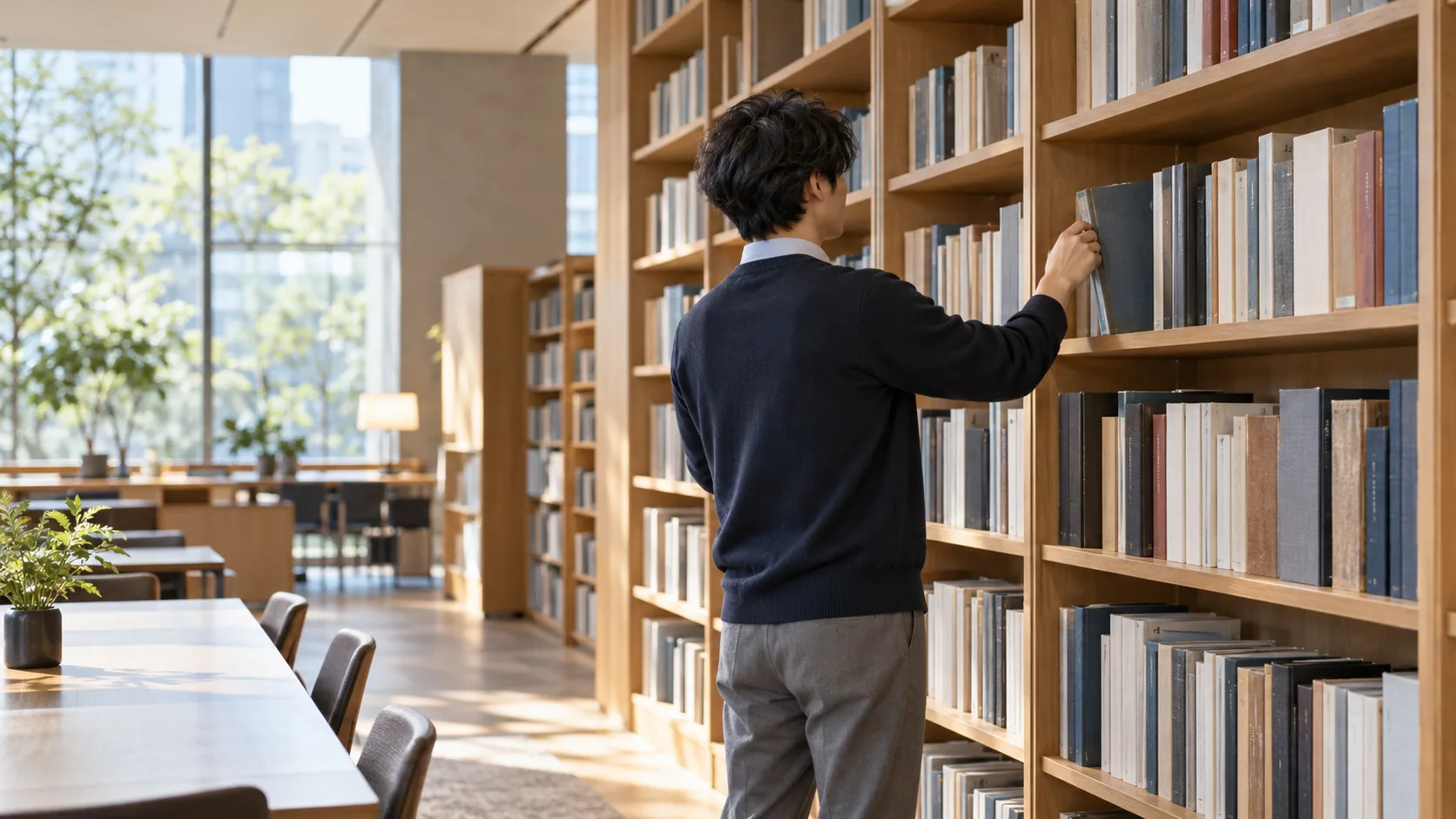 図書館の書棚から一冊を選ぶ人